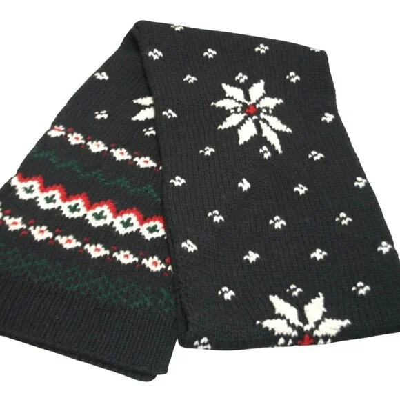Ralph Lauren Rugby Scarf Wool Blend Snowflake Fair Isle Black Classic Preppy - Picture 1 of 7